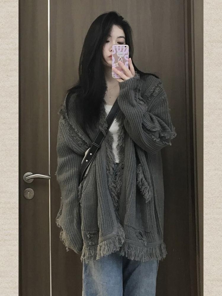 開衫毛邊長袖慵懶春秋年針織衫流蘇女毛衣新款寬鬆2023上衣風外套