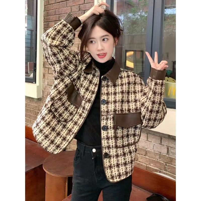 Xiaoxiangfeng Houndstooth Jacket Women's Autumn and Winter 2023 New Retro Splicing Design Short Loose Long-Sleeved Top