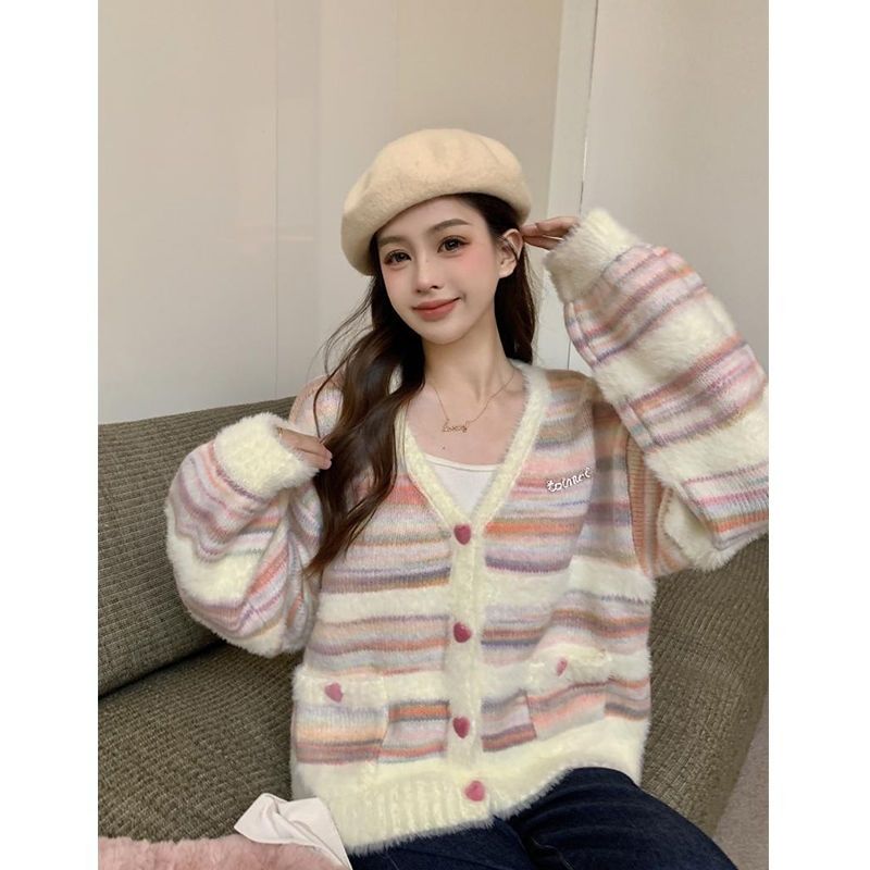 奶呼呼彩虹條紋軟糯毛衣針織衫開衫女秋冬甜美學院風小眾上衣外套