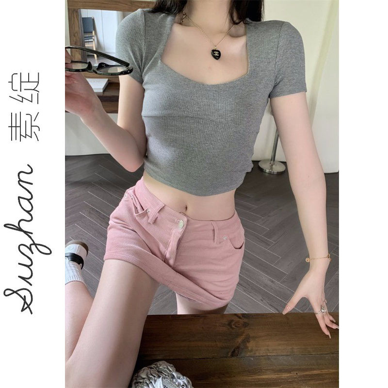 夏季新款方領設計感短袖莫代爾純欲風內搭百搭顯瘦修身短款上衣潮