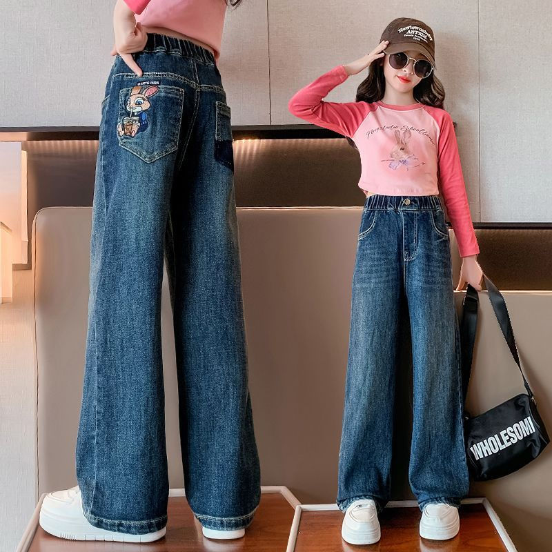 女童褲子秋季2023新款時尚兒童春秋中大童秋裝寬鬆闊腿休閒牛仔褲