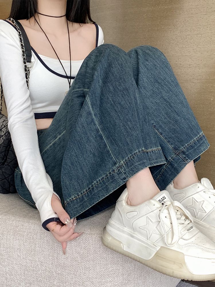 YSYOURS美式復古大闊腿牛仔褲女春秋高腰寬鬆直筒大碼辣妹拖地褲