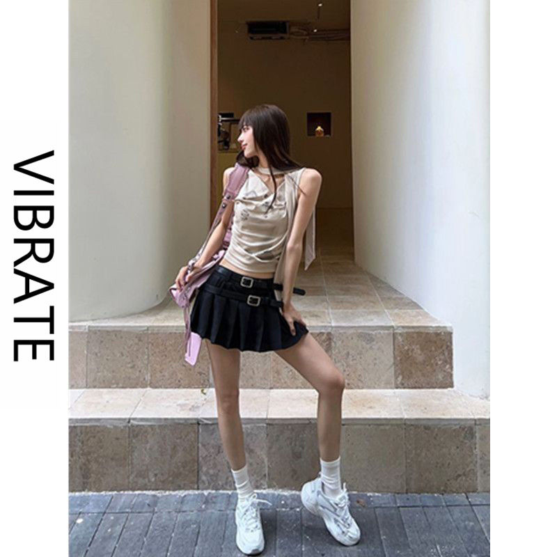 VIBRATE夏季卡其色印花短款上衣設計感小眾新款盪領吊帶背心外穿