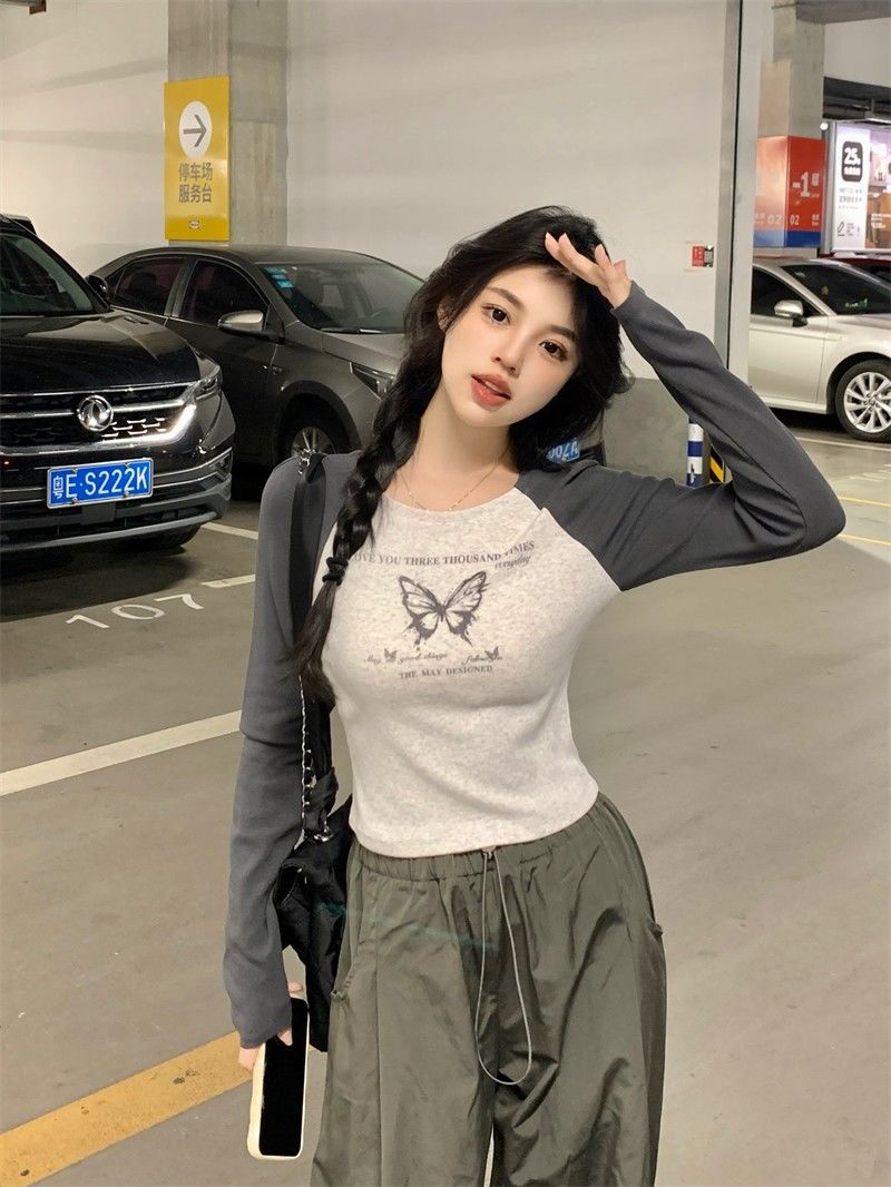 大碼美式復古長袖T恤女2023新款秋季ins潮微胖遮肉顯瘦打底衫上衣