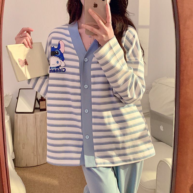 史迪仔睡衣女春秋季卡通可愛少女v領長袖套裝條紋甜美家居服外穿