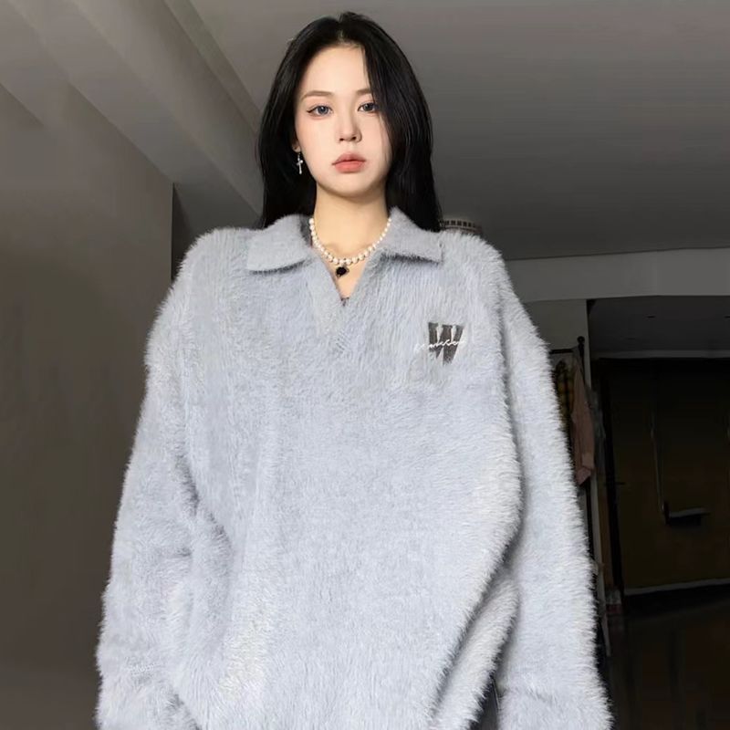 溫柔甜美學院風氣質藍灰色毛茸茸加厚毛衣女學生秋冬季寬鬆針織衫