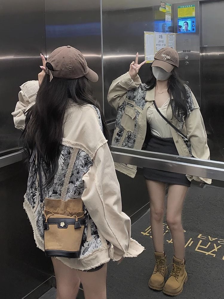 港味復古chic刺繡拼接牛仔外套女秋季新款高級感寬鬆夾克上衣ins