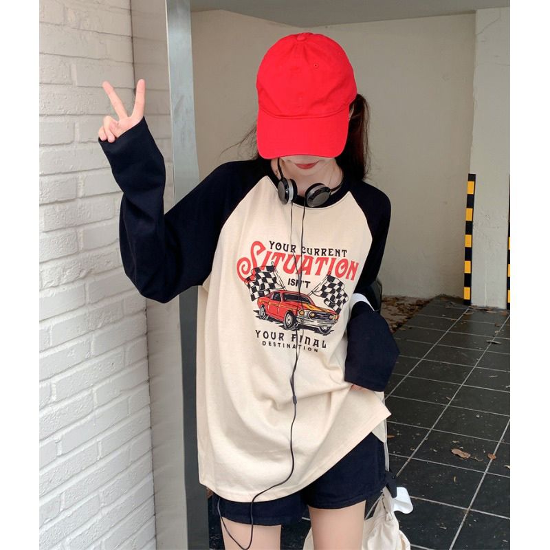大碼字母印花T恤女2023新款秋季ins潮韓版胖mm遮肚子顯瘦長袖上衣