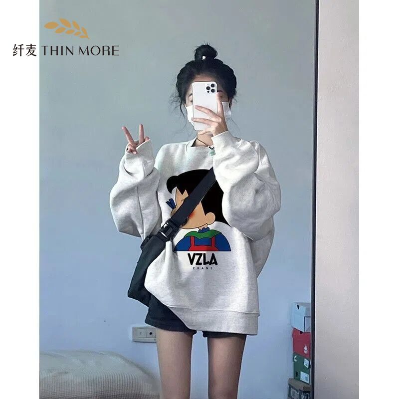 Fiber wheat 380g heavyweight pure cotton cartoon round neck sweatshirt for women autumn and winter loose and versatile casual long-sleeved top chic