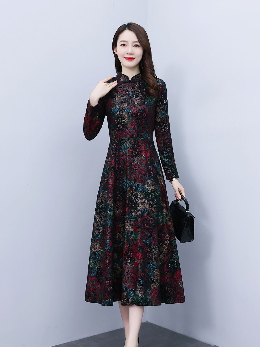 高檔長袖連衣裙女2023新款秋季中國風復古改良旗袍氣質媽媽打底裙