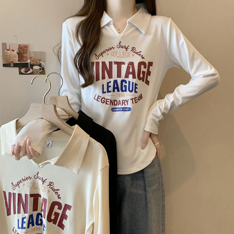 大碼女裝Polo翻領長袖T恤女秋季胖妹妹寬鬆遮肚子顯瘦打底衫上衣