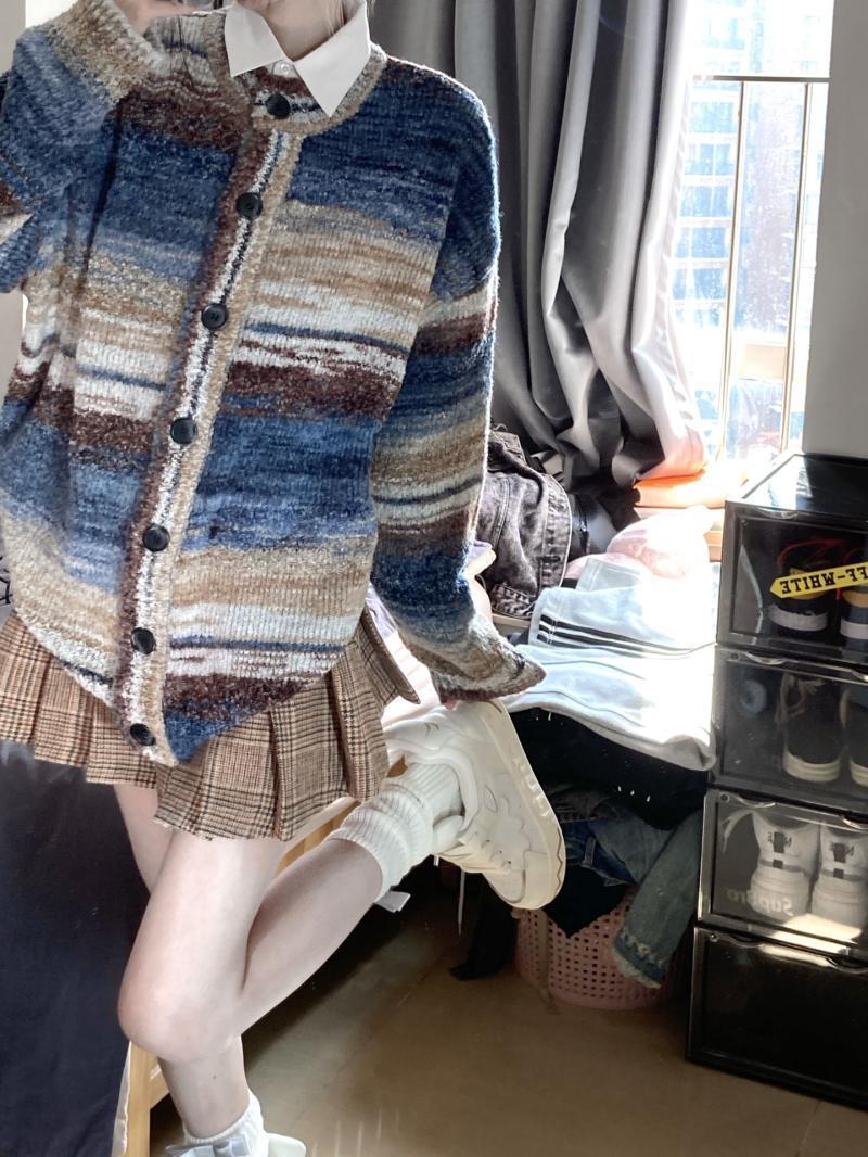 毛衣上衣復古針織風小眾彩色女外套新款條紋寬鬆開衫春秋國潮慵懶