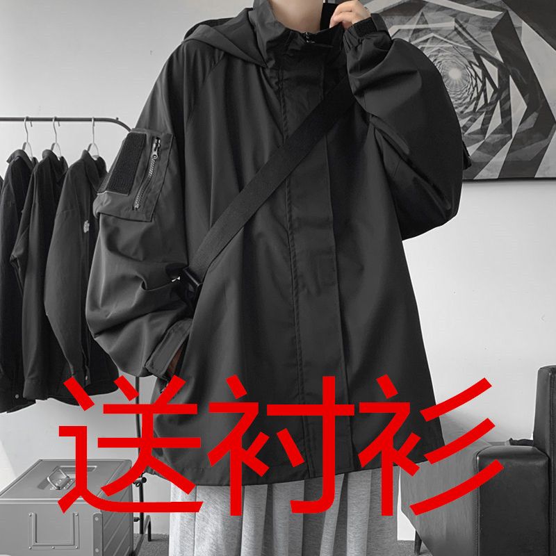 魔術貼衝鋒衣男士春秋潮牌工裝運動連帽外套ins潮流寬鬆休閒夾克