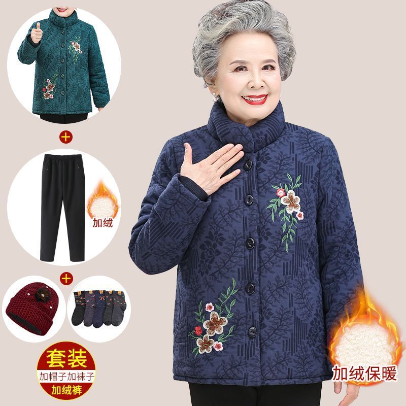 奶奶冬裝繡花棉衣中老年人加絨加厚棉服7080女中老年媽媽棉襖衣服
