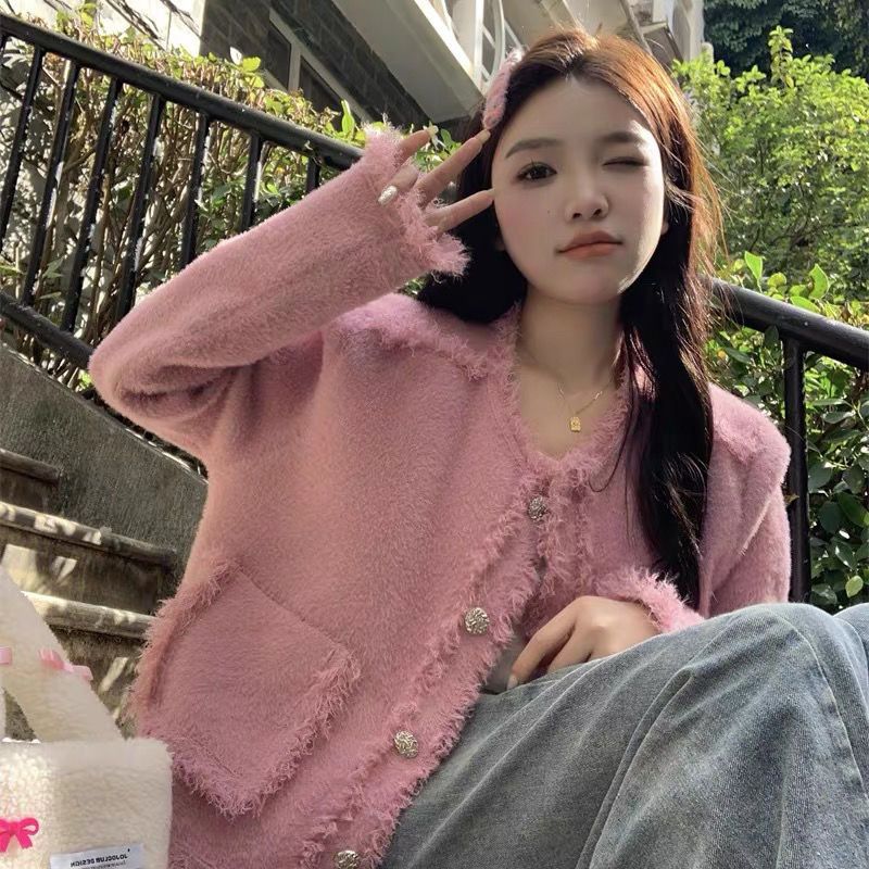 小香風高級感仿水貂絨外套女秋冬加厚寬鬆短款粉色開衫毛茸茸上衣