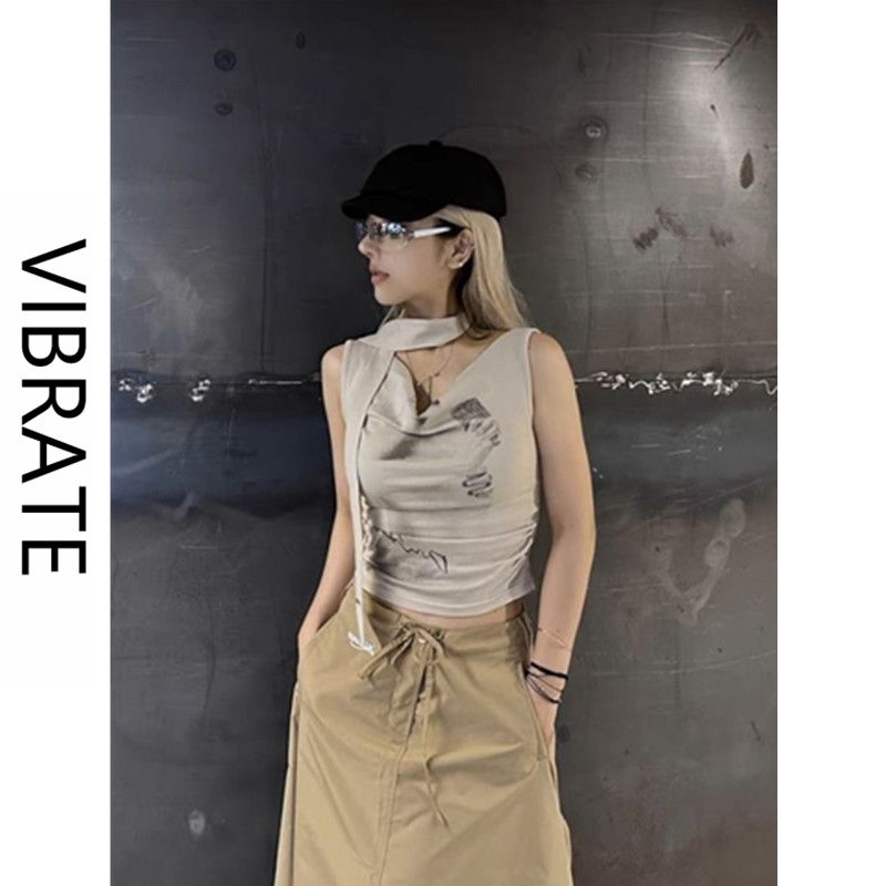 VIBRATE美式復古卡其色印花背心女夏辣妹修身顯瘦盪領短款上衣ins