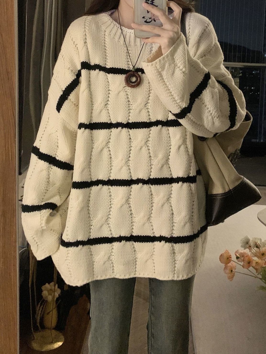 條紋韓系毛衣女寬鬆外穿慵懶風套頭顯瘦溫柔古着休閒杏色針織上衣