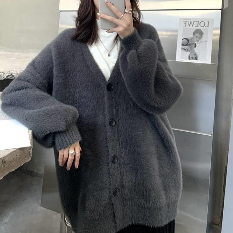 軟糯水貂絨毛衣外套女秋冬慵懶風高級感大碼胖mm寬鬆顯瘦針織開衫