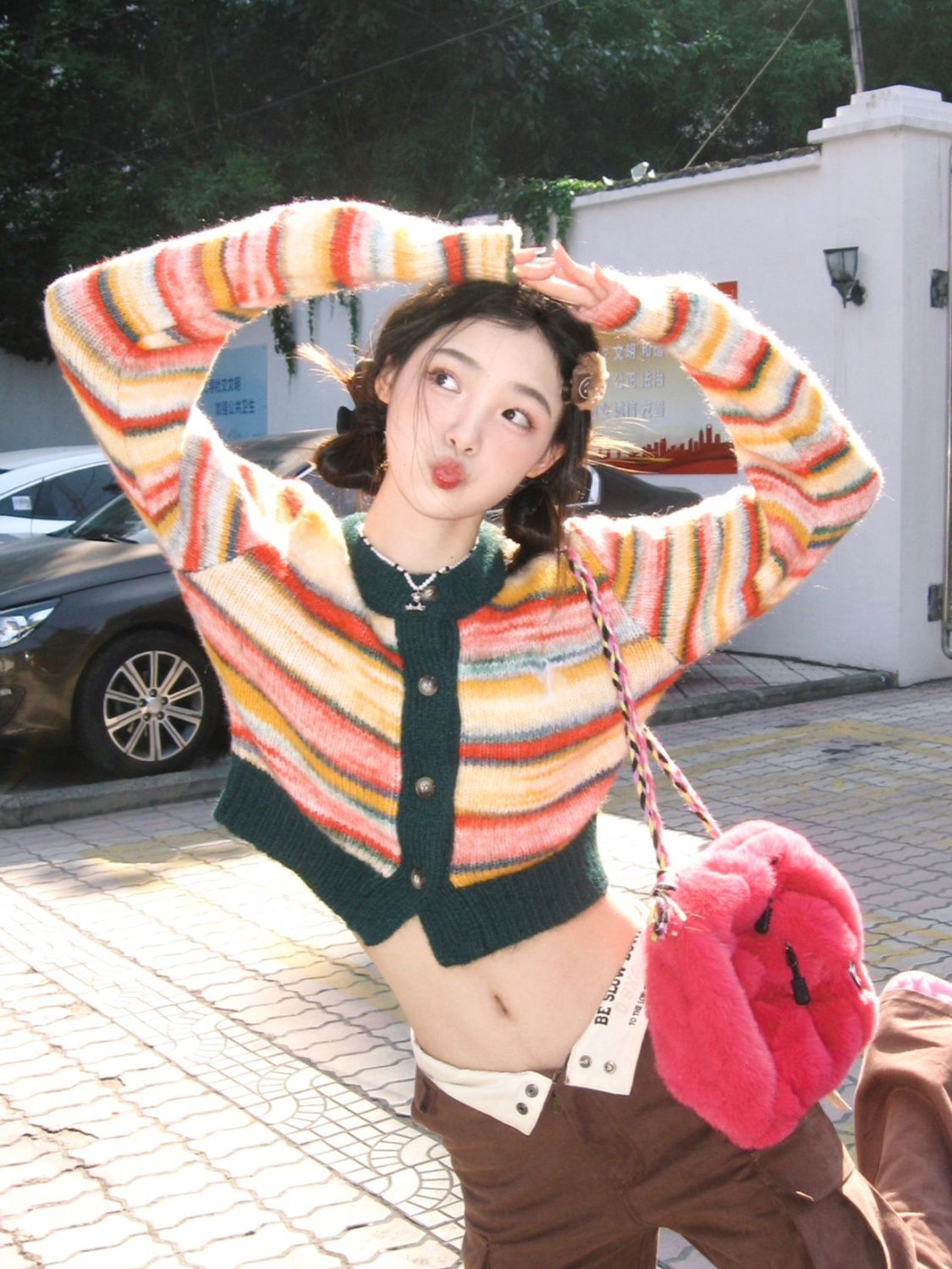 彩虹色條紋針織開衫上衣女春秋設計感小眾學生慵懶風短款圓領毛衣