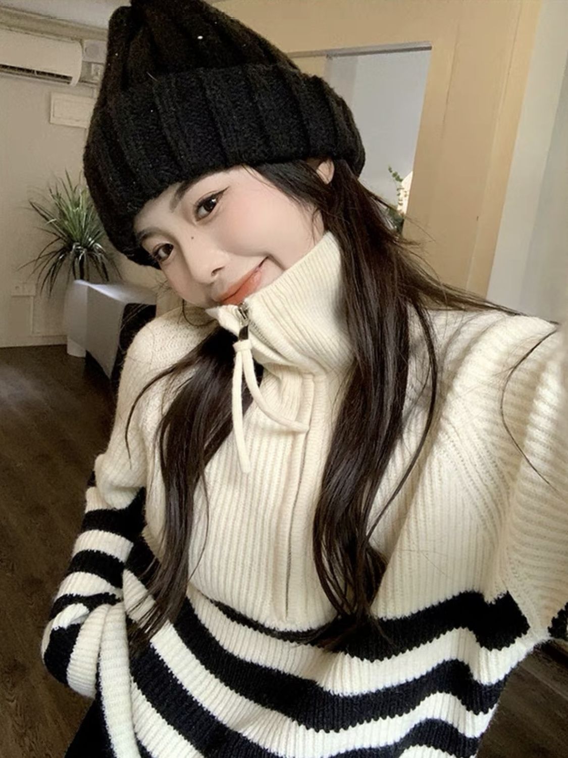 設計慵懶風高級感半女寬鬆年2023條紋感小眾秋冬毛衣高領長袖新款