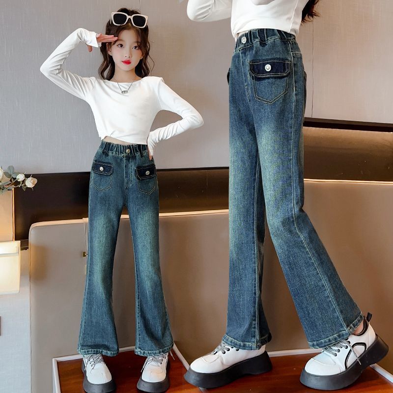 女童褲子春秋2023新款中大童洋氣秋裝時髦炸街網紅兒童牛仔喇叭褲