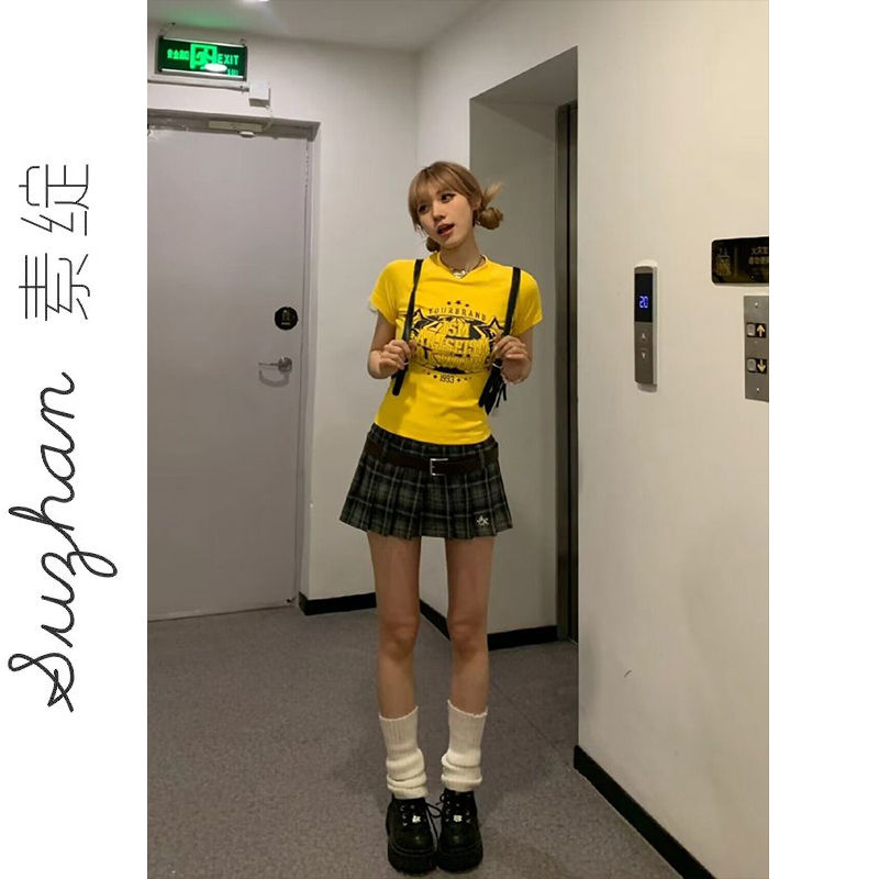 多巴胺女孩復古字母印花上衣女美式街頭同款修身顯瘦短袖t恤衫ins