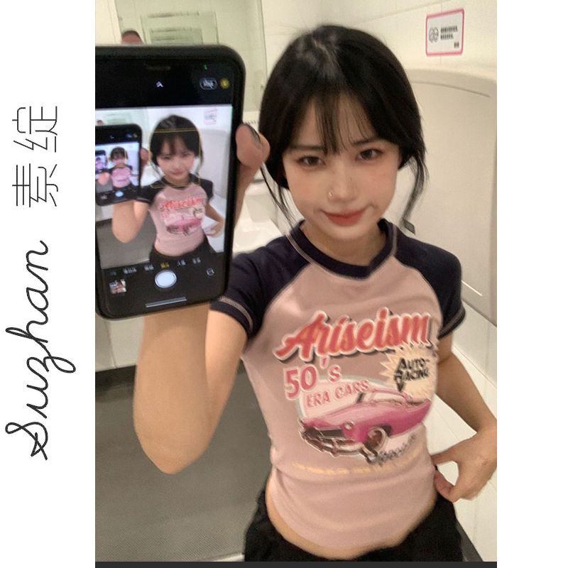 多巴胺女孩穿搭新款插肩袖賽車印花上衣女夏季甜酷風短款短袖t恤