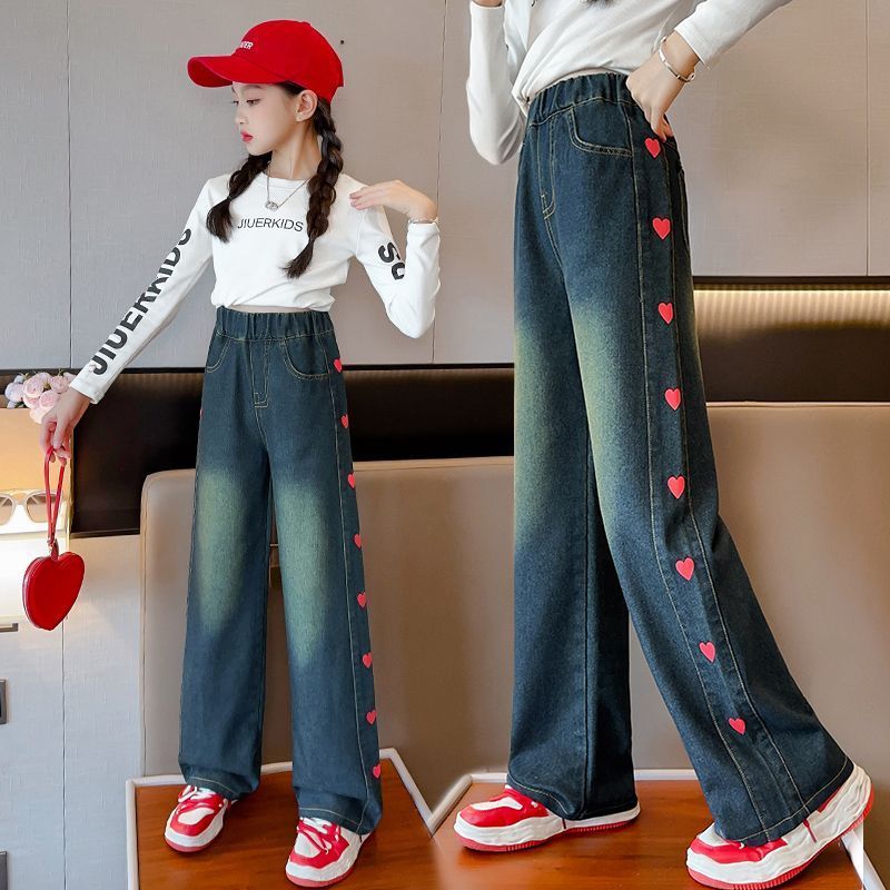 女童牛仔褲春秋2023新款時尚女大童秋季寬鬆闊腿休閒兒童褲子秋裝