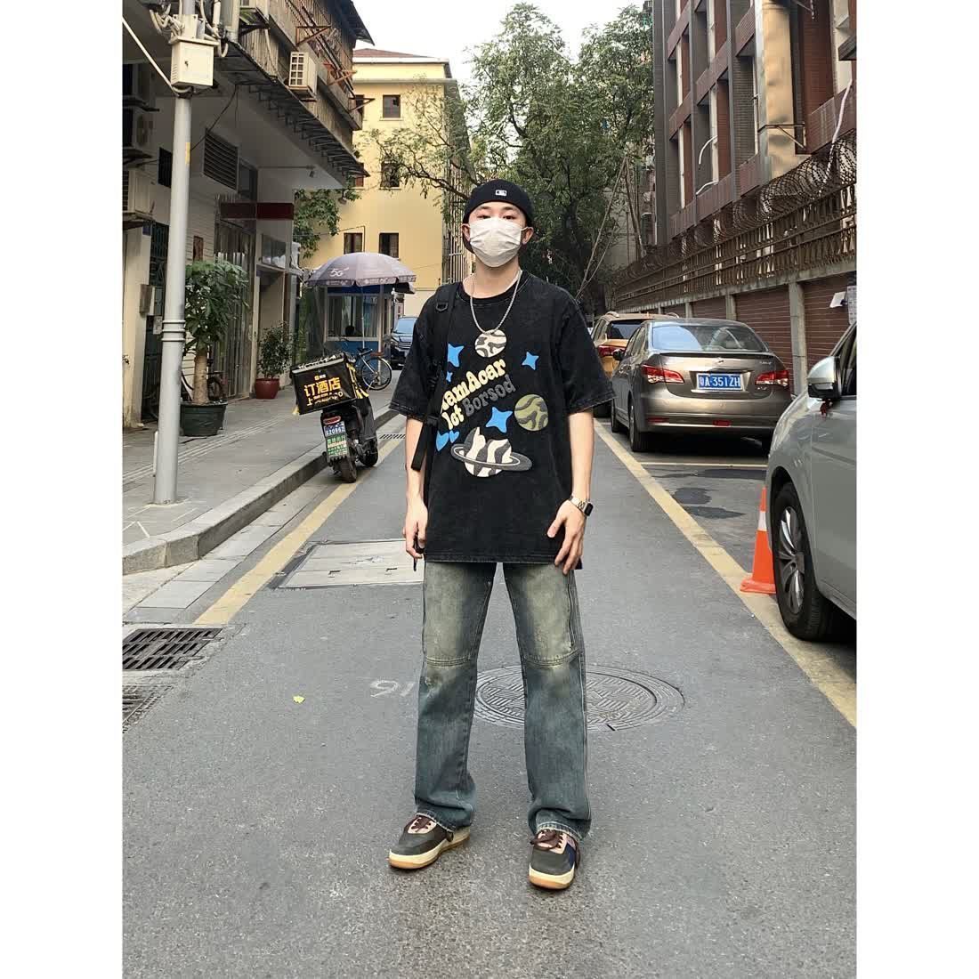 美式潮牌做舊水洗拉鏈口袋工裝牛仔褲男女高街復古寬鬆直筒長褲子