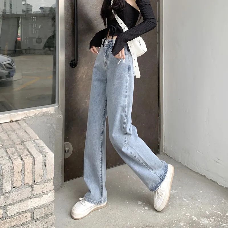 直筒牛仔褲女2023春秋新款大碼顯瘦高腰闊腿胖mm垂感休閒拖地褲子