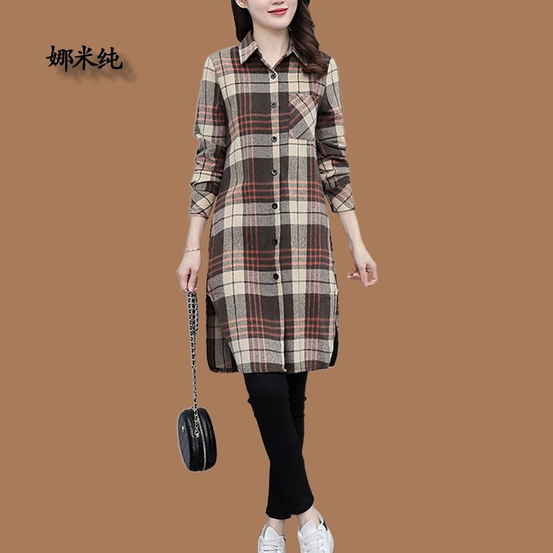 大碼格子襯衣女2024春秋加厚磨毛中長款襯衫外套時尚寬鬆百搭上衣