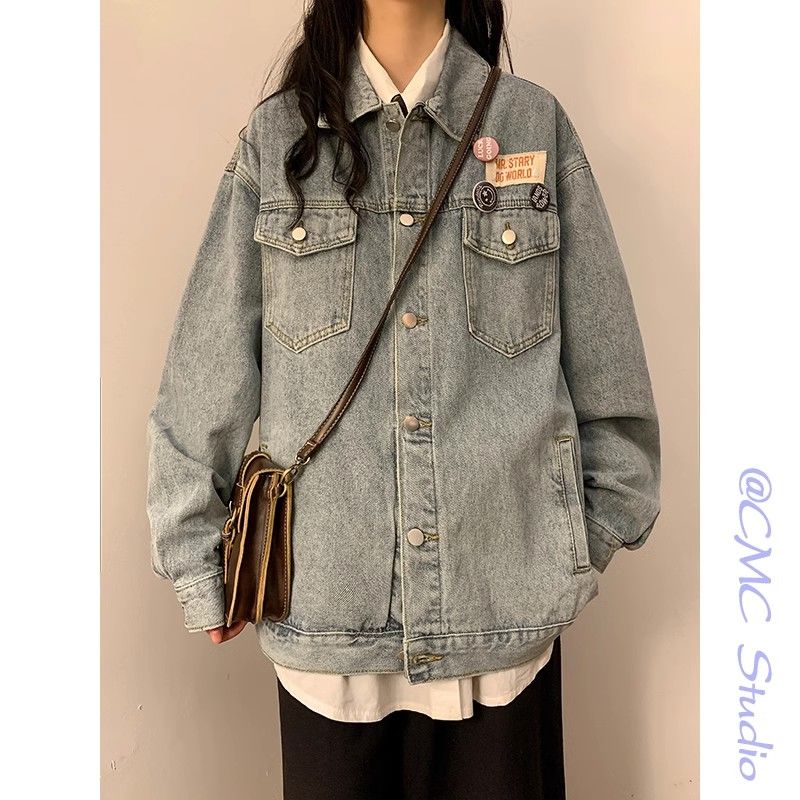 美式復古牛仔外套女秋款小個子設計感小眾街頭水洗做舊長袖夾克潮