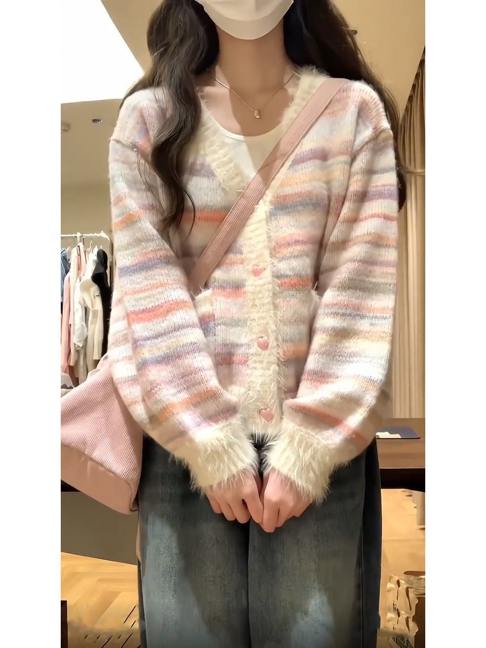 奶系甜美軟糯風彩虹毛衣開衫女春裝寬鬆慵懶風V領針織毛衣女外套