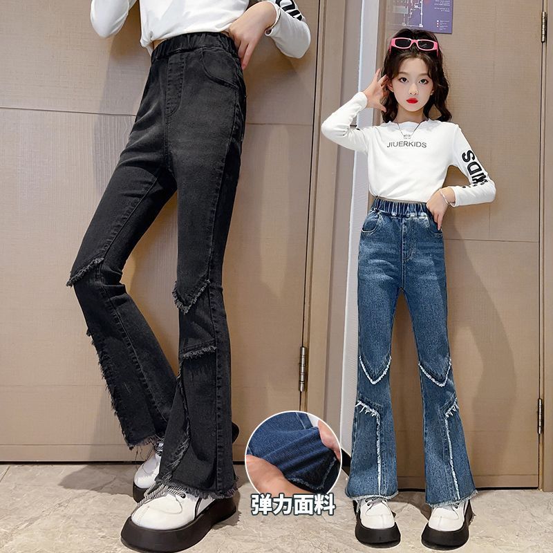 女童褲子春秋2023新款女大童修身網紅洋氣時髦兒童秋季牛仔喇叭褲