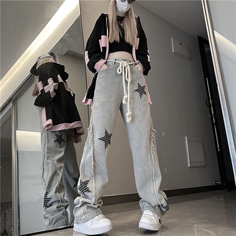 美式復古設計感星星牛仔褲男女ins潮牌高街小眾設計直筒闊腿褲子