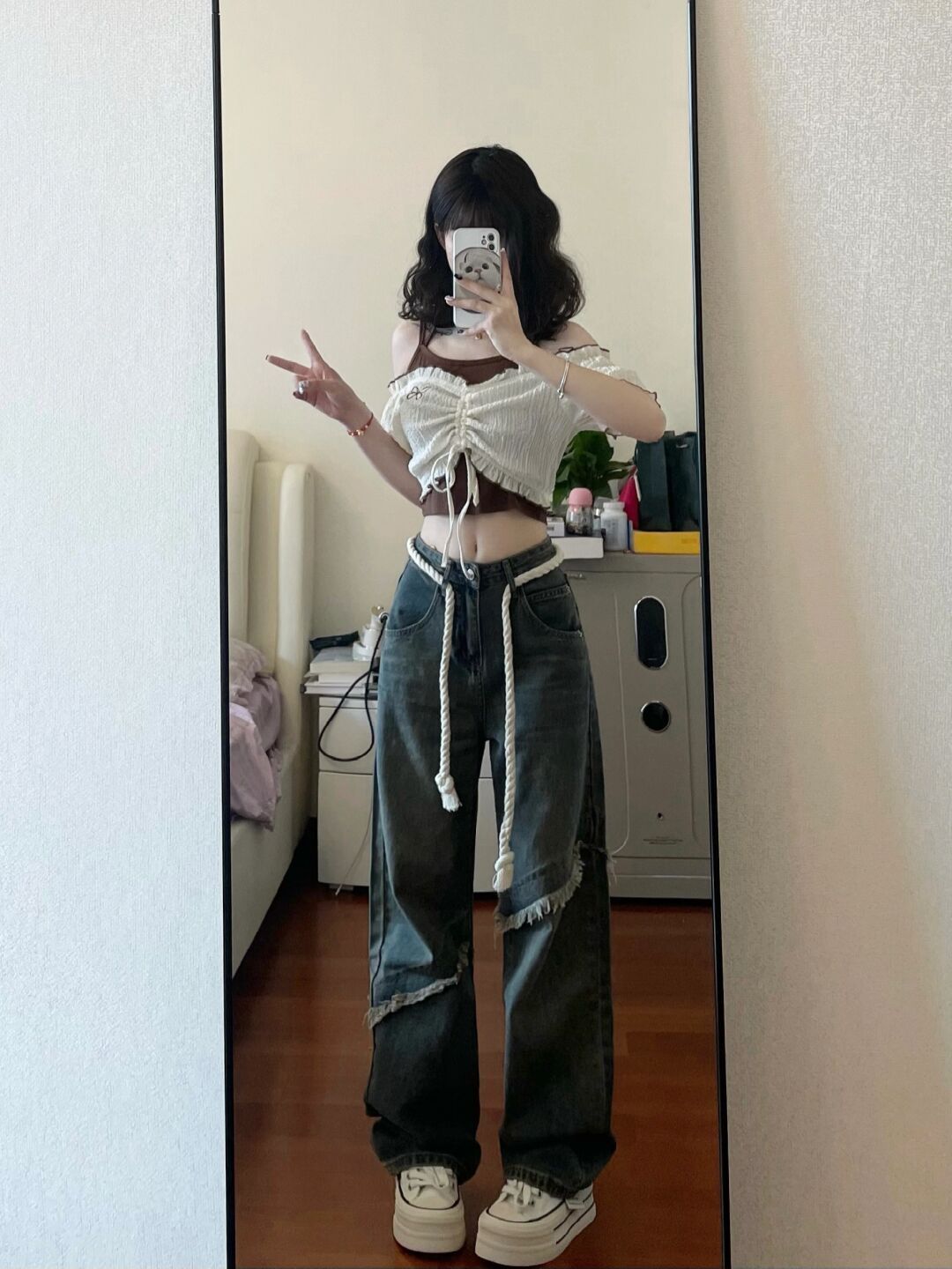 設計感復古藍闊腿牛仔褲女秋季新款梨形身材高腰顯瘦拖地直筒長褲