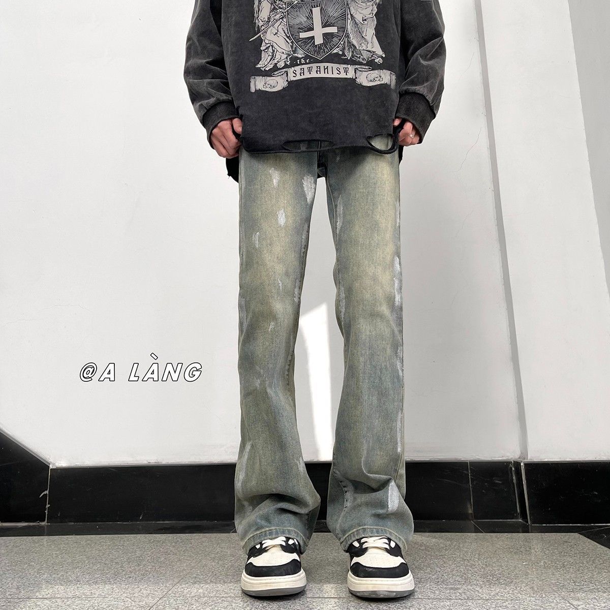 美式高街復古牛仔褲男款痞帥潮牌vibe褲子個性刷漆直筒微喇叭長褲
