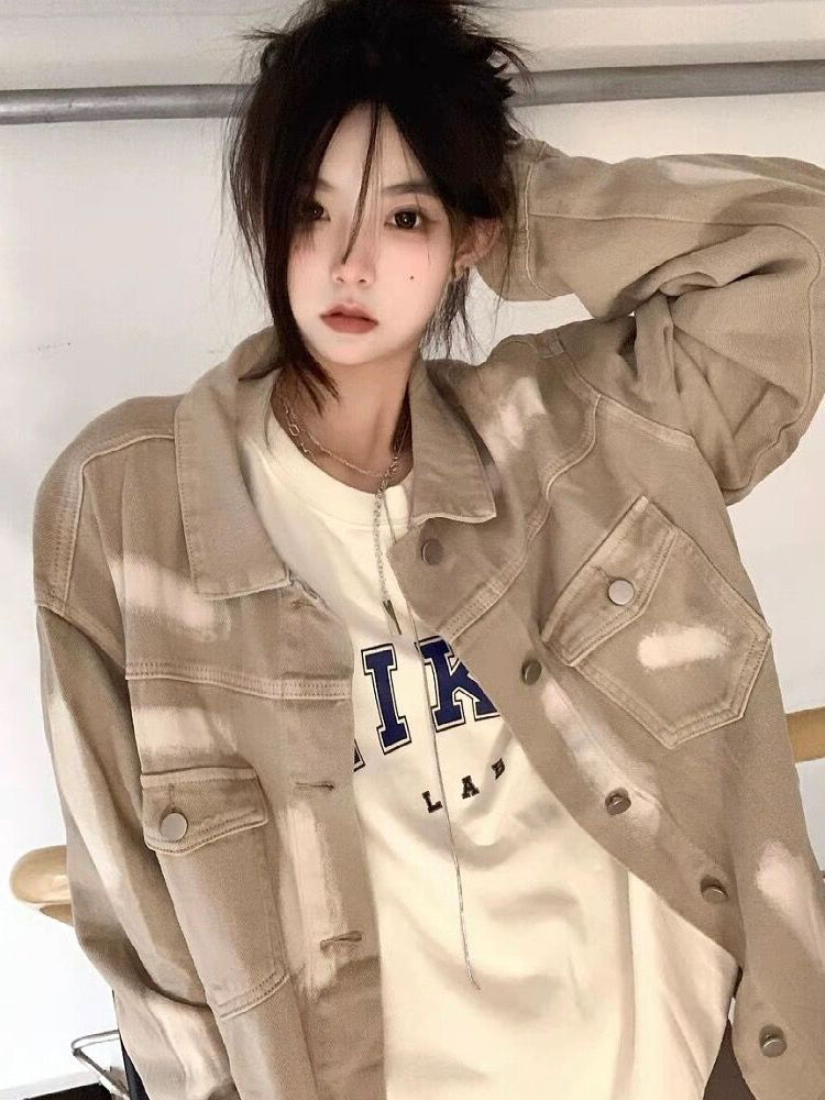 復古做舊牛仔外套女2023春秋潮牌寬鬆港風設計感小眾水洗工裝上衣
