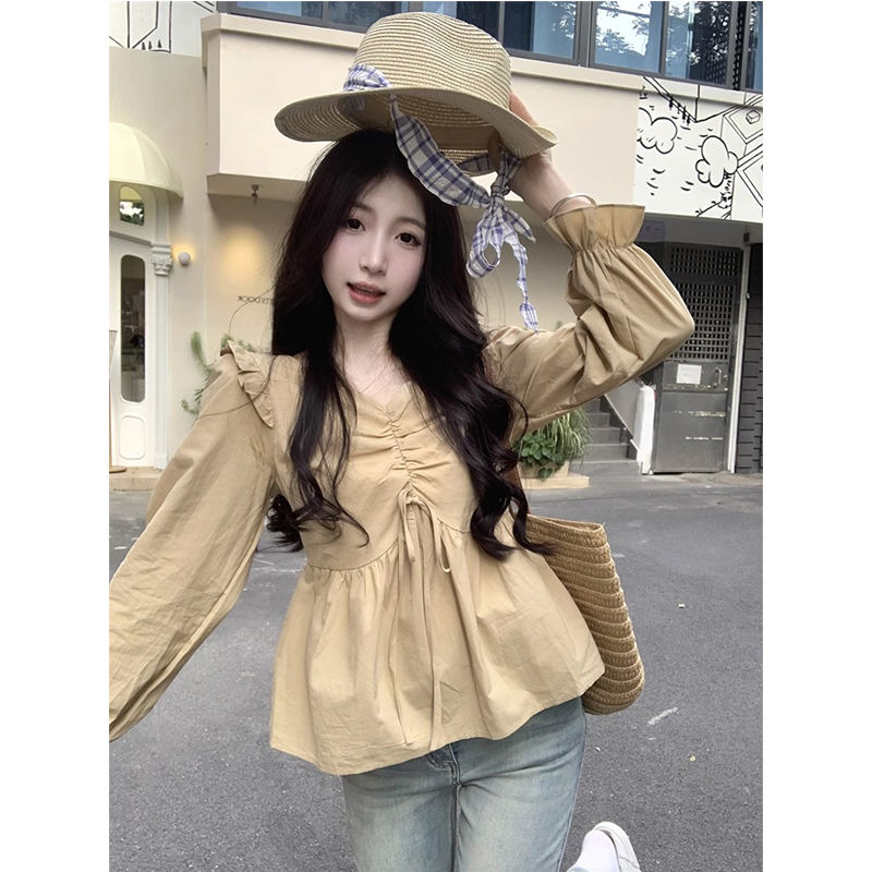 法式甜美小眾方領修身長袖襯衫女裝秋季學院風純色百搭別致上衣女
