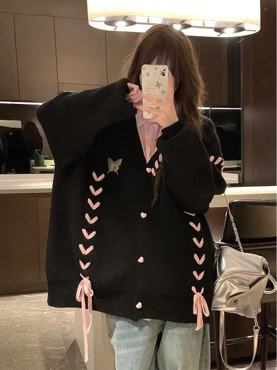 2023秋季新款韓版慵懶學院風綁帶軟糯蝴蝶針織開衫外套女外穿毛衣