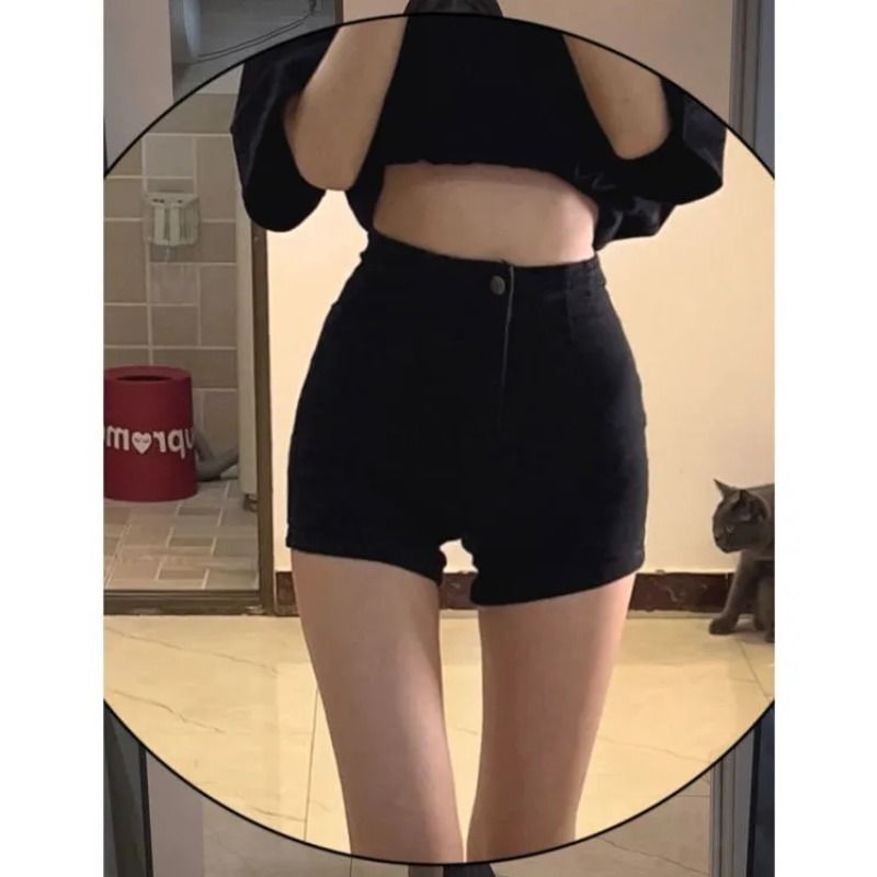 黑色高腰牛仔超短褲女夏季薄款熱褲修身顯瘦三分褲個性百搭a字褲