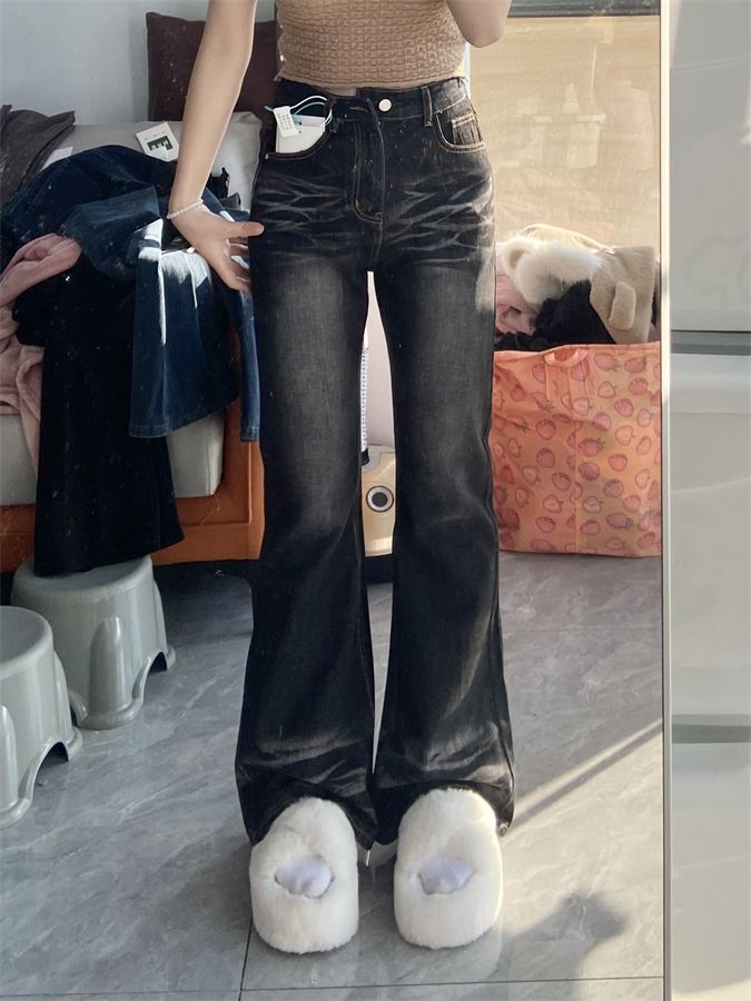 黑色水洗做舊復古微喇牛仔褲女高街美式寬鬆直筒顯瘦拖地喇叭褲秋