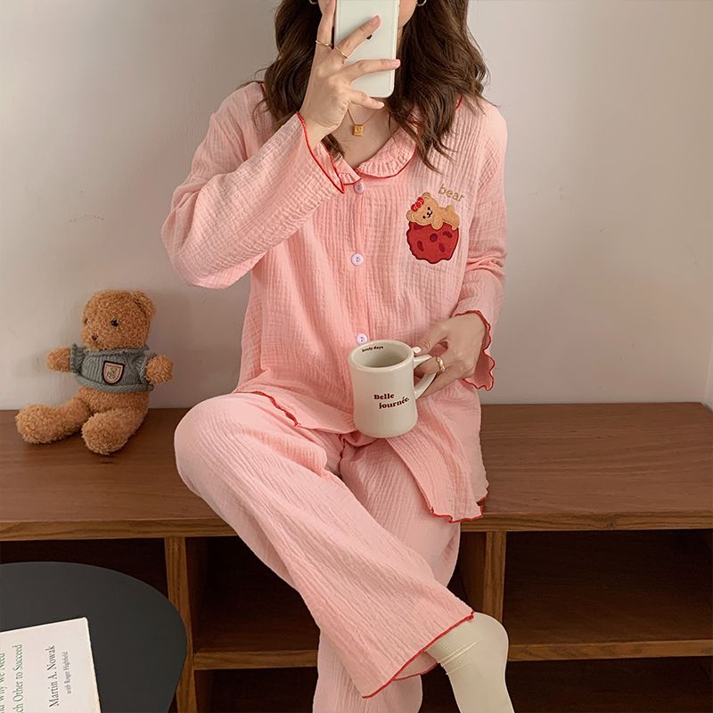 曲奇熊!日系の睡衣女春秋純棉紗布長袖套裝可愛學生ins風家居服套