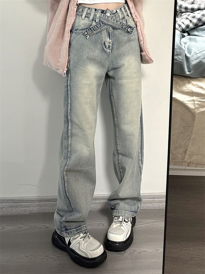 美式復古做舊水洗牛仔褲女秋季直筒寬鬆長褲設計感小個子ins高街