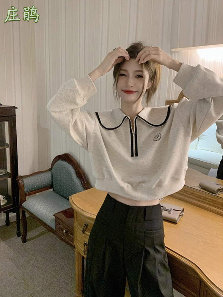早秋娃娃領半拉鏈無帽衛衣女春秋季寬鬆短款oversize學生長袖上衣