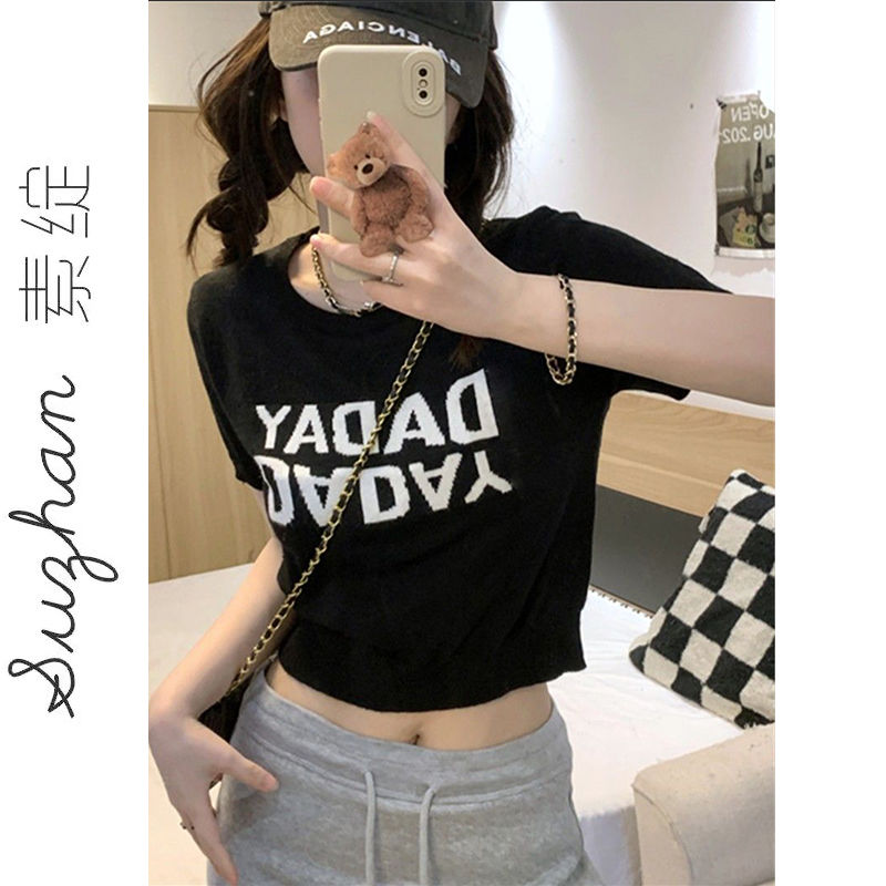 美式潮牌百搭字母印花短款上衣夏季女裝圓領薄款顯瘦露臍短袖t恤