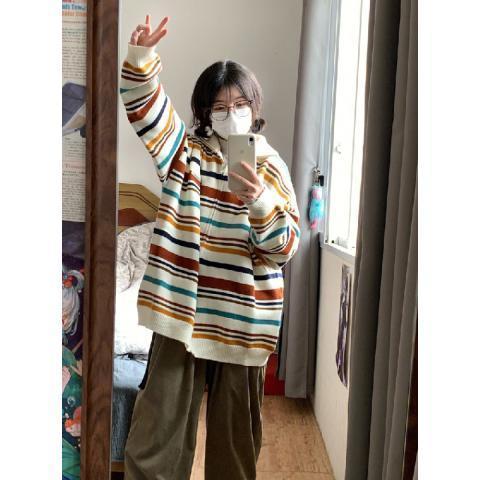 學院春秋復古寬鬆秋冬條紋潮風女撞色拉鏈百搭針織衫毛衣美式開衫