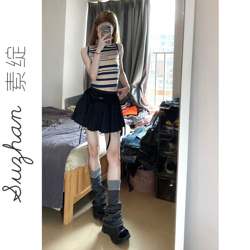 純欲風半高領條紋針織無袖背心女夏季甜酷辣妹顯瘦百搭上衣外穿潮