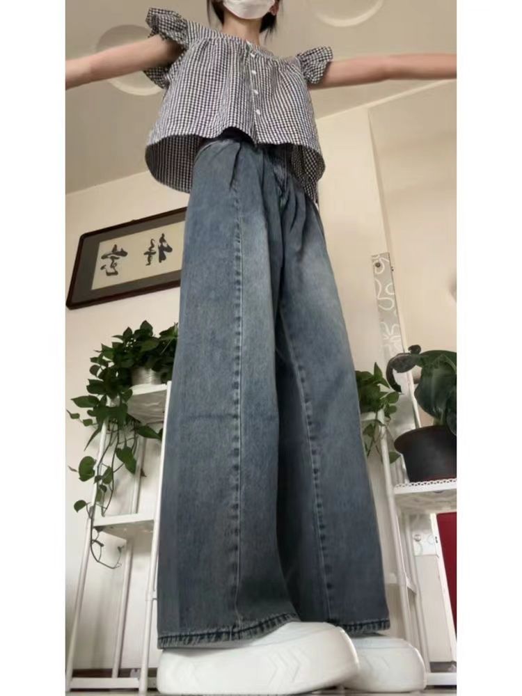 美式復古高腰直筒牛仔褲女夏季辣妹高街設計感寬鬆垂感顯瘦闊腿褲