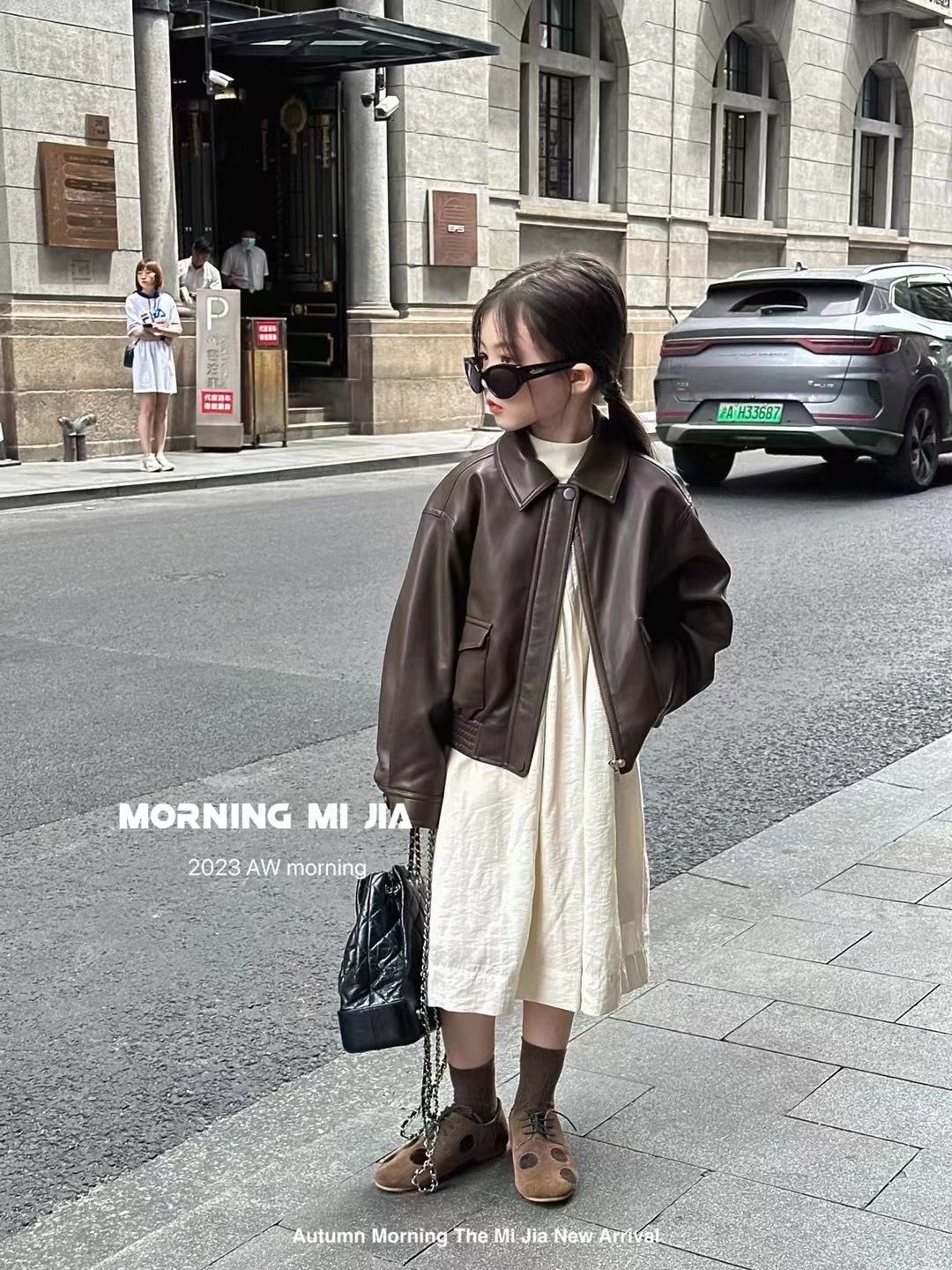 Good Morning Mijia Korean Children's Clothing 2023 Autumn and Winter Retro PU Leather Clothes Thickened Jackets Short Jackets Handsome Girls